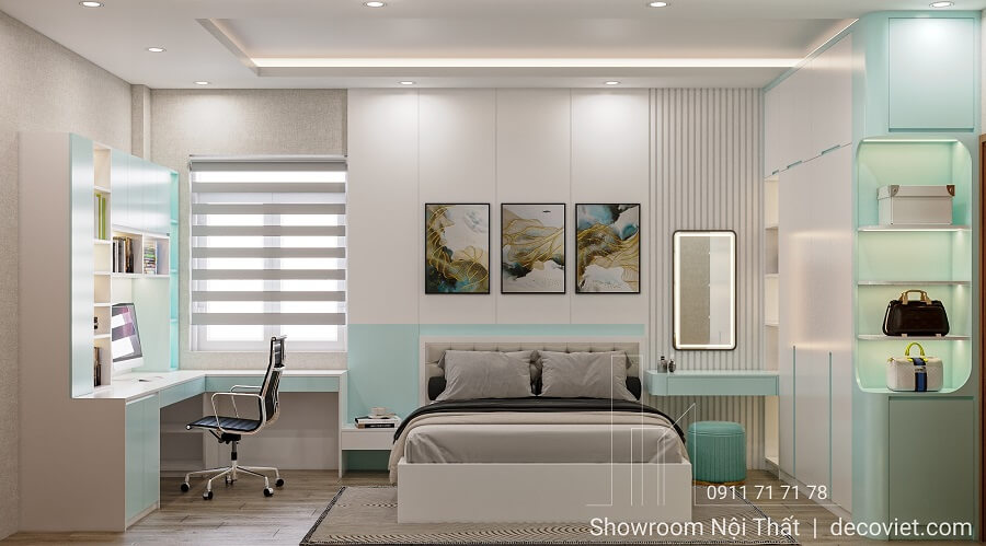 Thiết kế phòng ngủ màu trắng xanh hiện đại tại Nhà Bè