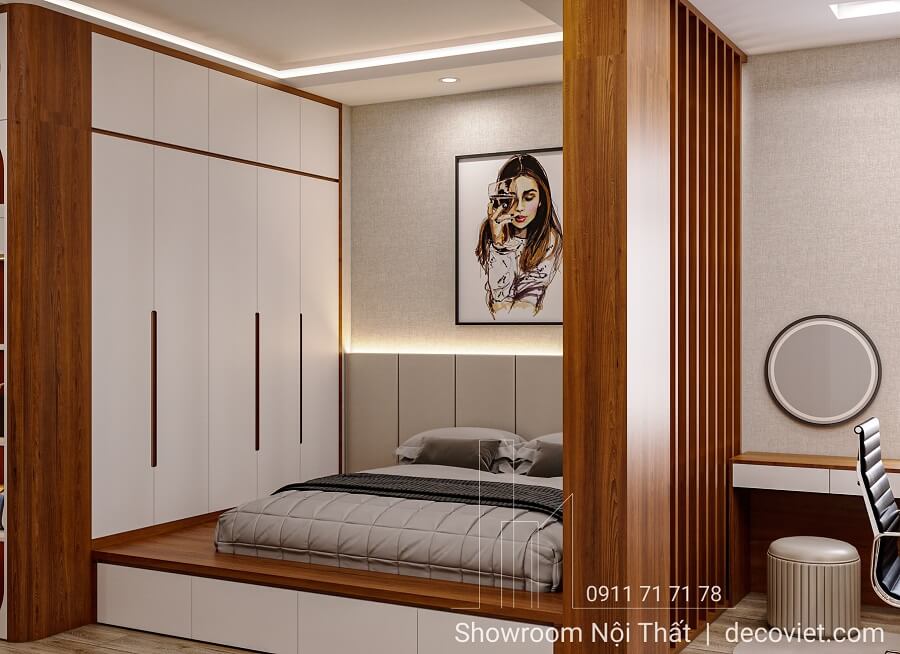 Giường ngủ hiện đại với vách ngăn gỗ tại Nhà Bè