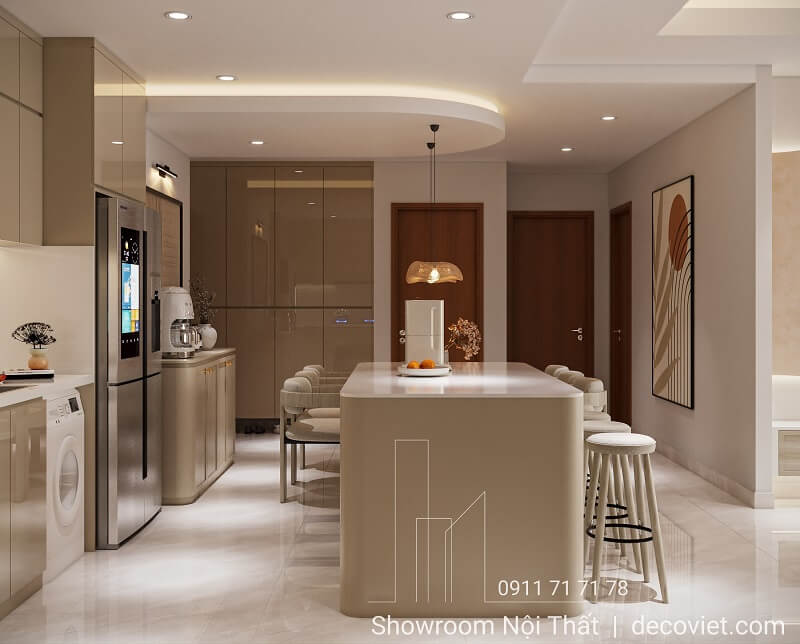 Góc nhìn phòng bếp liền kề phòng khách chung cư Thảo Điền Pearl
