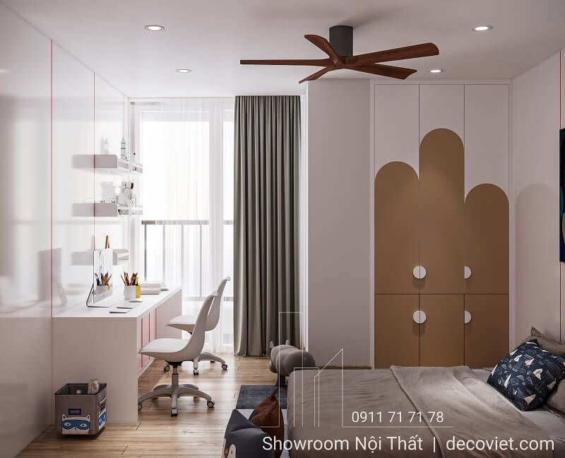 Bàn học đôi cạnh cửa sổ và tủ quần áo màu nâu tại chung cư Thảo Điền Pearl