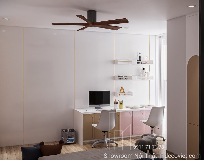 Góc học tập hiện đại với kệ treo tường và bàn đôi tại Thảo Điền Pearl