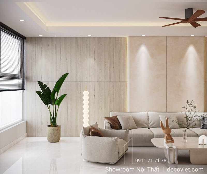 Không gian phòng khách và bếp liền kề trong thiết kế nội thất Thảo Điền Pearl