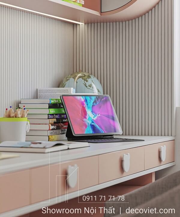 Góc học tập phòng ngủ đôi cho bé trai và bé gái với bàn học hiện đại
