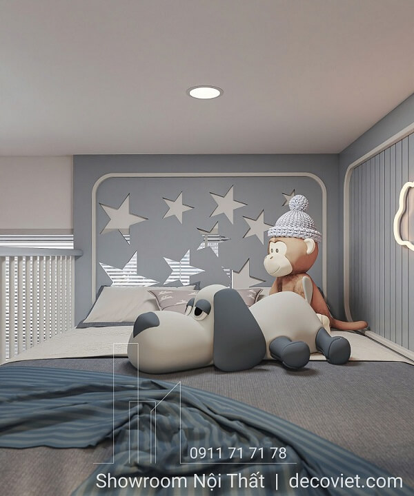Giường tầng trên phòng ngủ đôi bé trai bé gái với thú nhồi bông