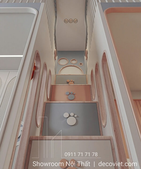 Cầu thang giường tầng phòng ngủ chung cho bé trai bé gái