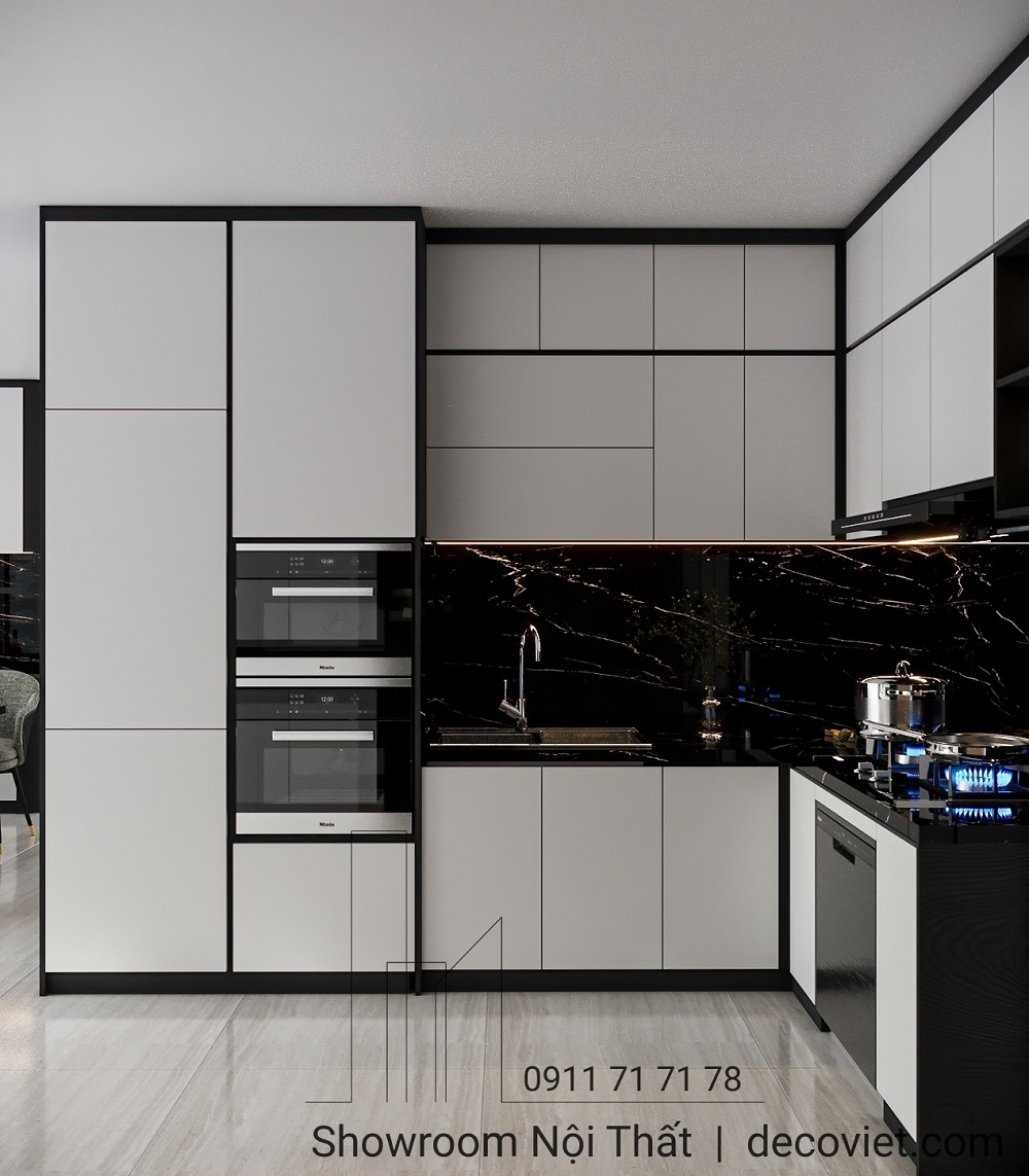 Tủ bếp cao cấp tone trắng đen với mặt đá vân mây.