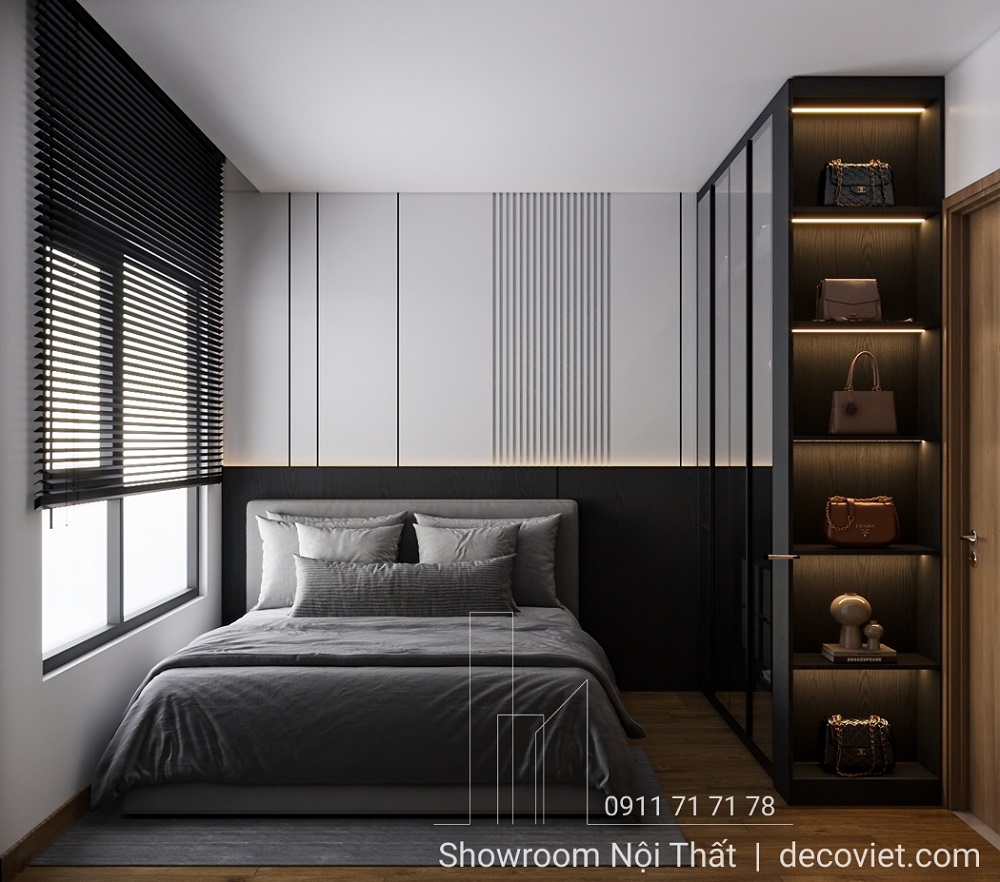 Phòng ngủ master tone xám đen hiện đại Vinhomes Grand Park.