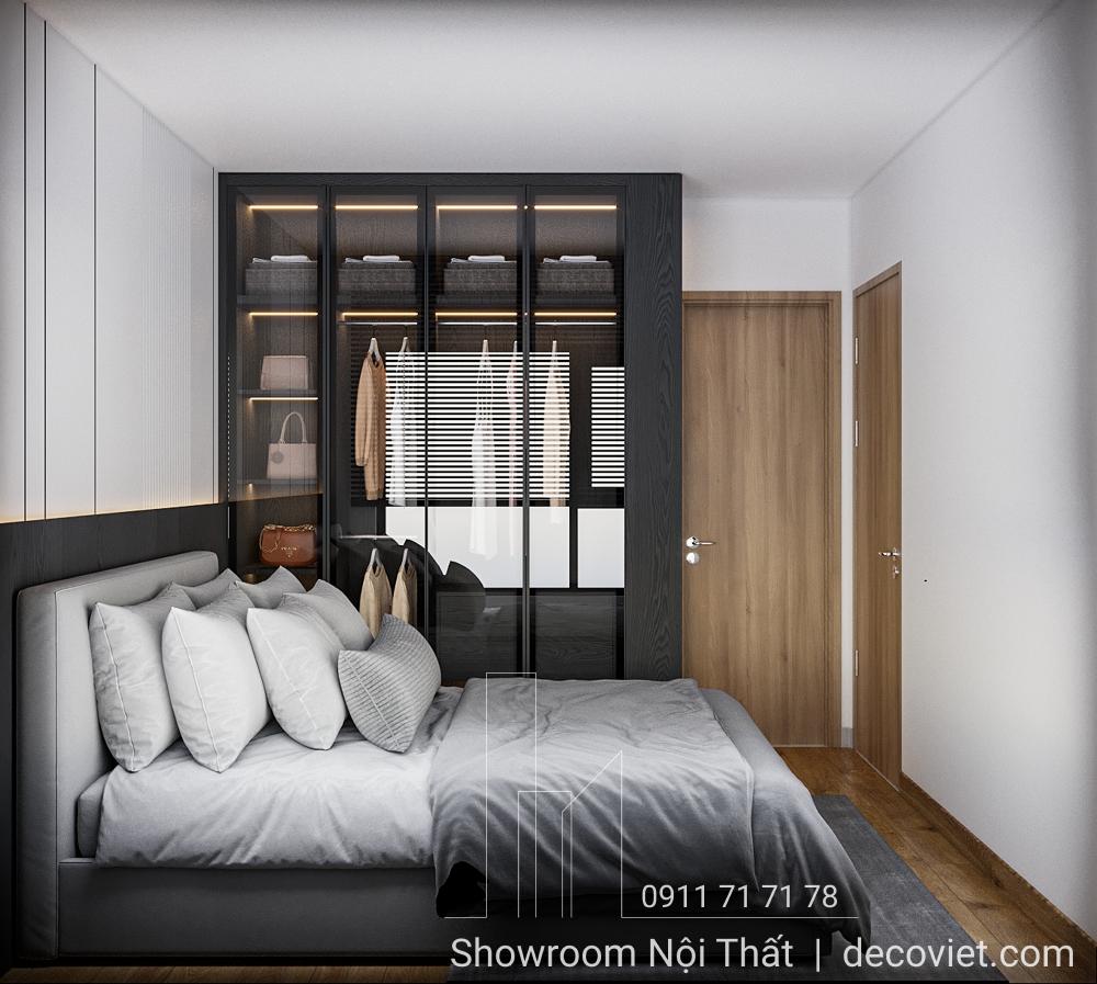 Tủ quần áo kính đen sang trọng phòng ngủ Vinhomes Grand Park.