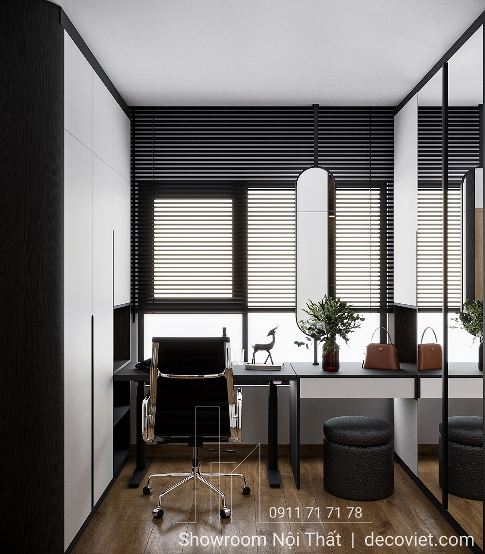 Bàn trang điểm và bàn làm việc hiện đại trong phòng ngủ Vinhomes Grand Park.