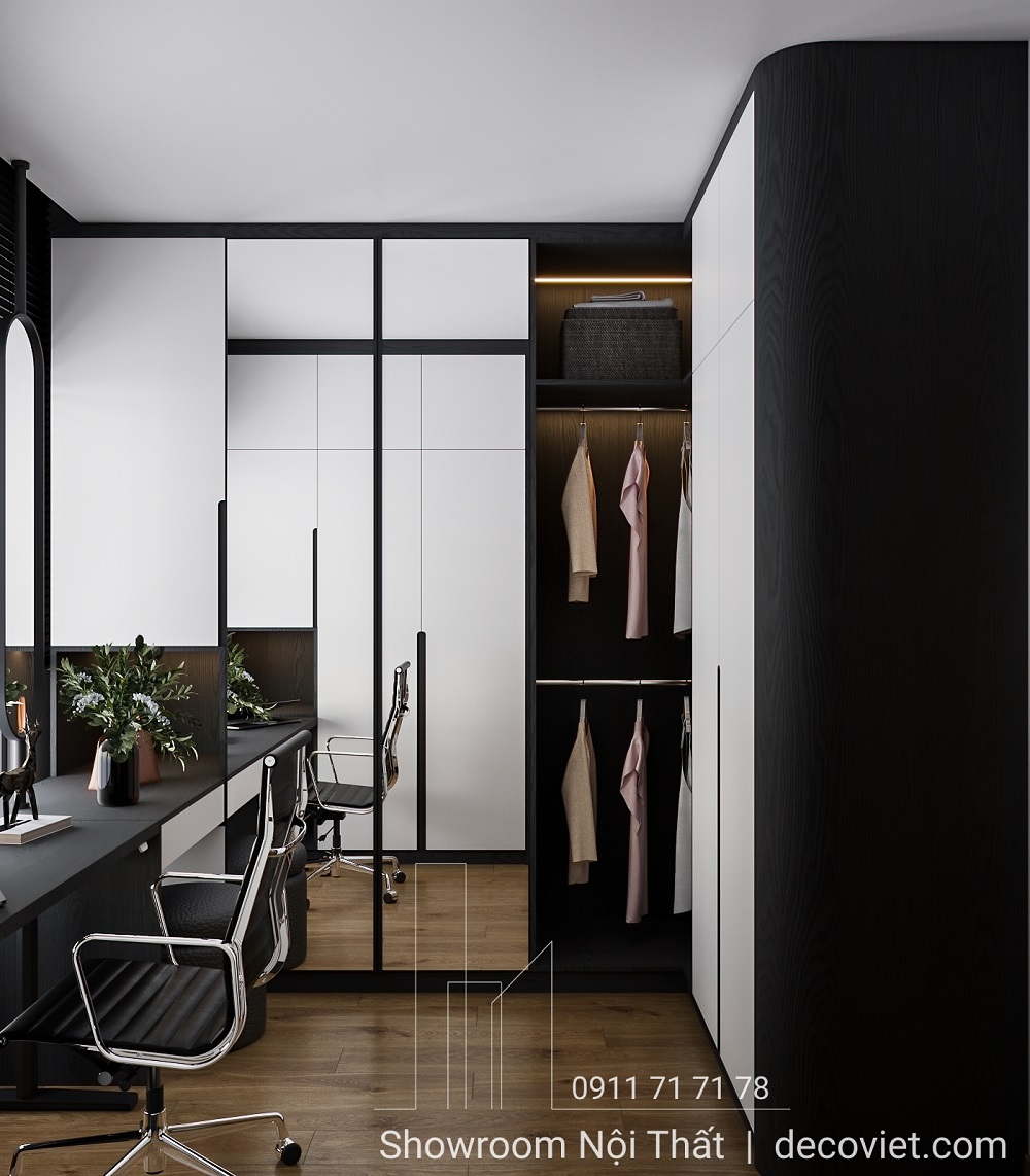 Tủ quần áo kết hợp gương soi trong phòng thay đồ căn hộ Vinhomes Grand Park.