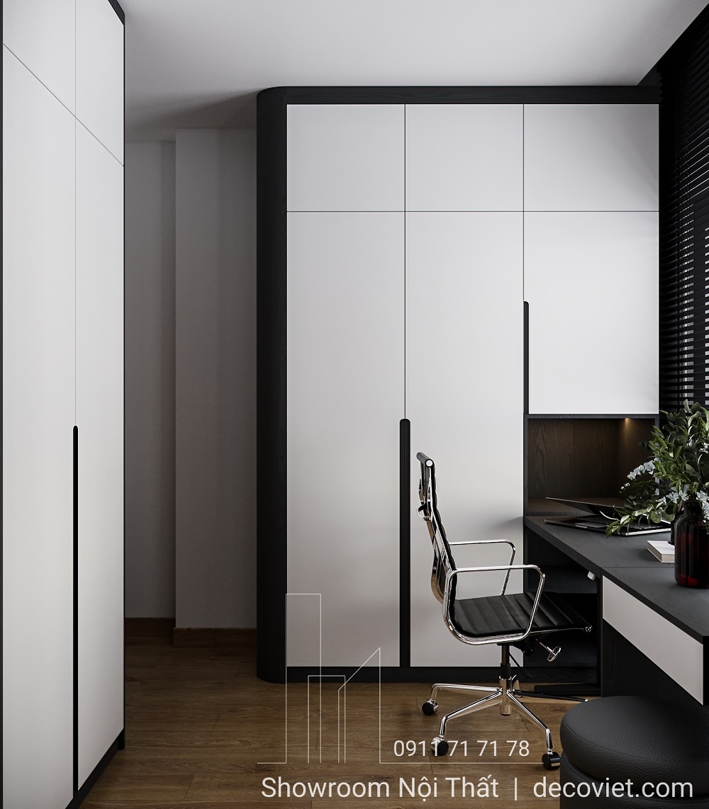 Tủ quần áo hiện đại kết hợp bàn làm việc trong phòng ngủ Vinhomes Grand Park.