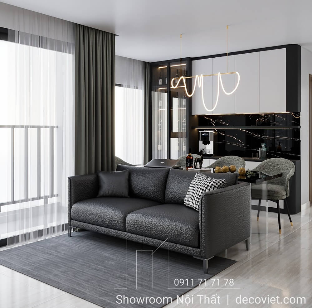 Sofa da đen hiện đại trong phòng khách căn hộ Vinhomes Grand Park