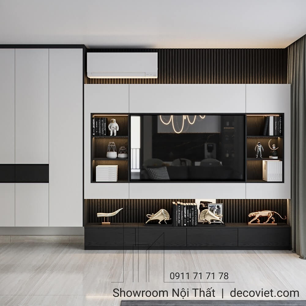 Kệ tivi và tủ trang trí phòng khách căn hộ Vinhomes Grand Park.