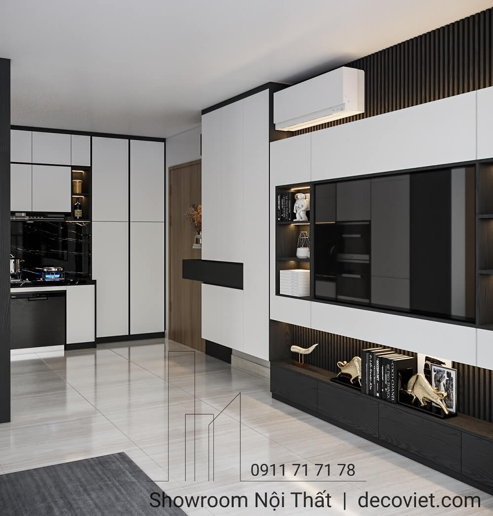 Tủ bếp và hệ tủ cao cấp trong căn hộ 1 phòng ngủ Vinhomes Grand Park.