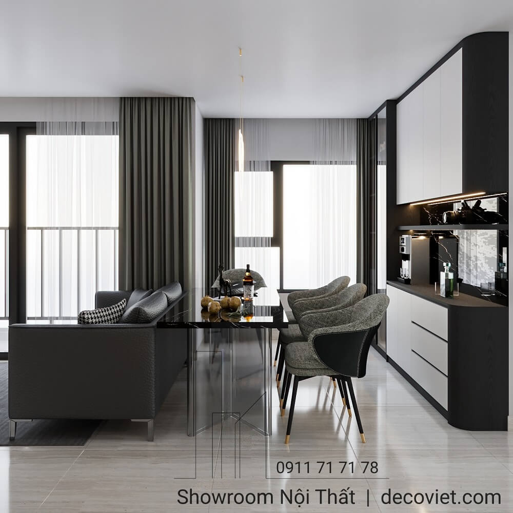 Bàn ăn hiện đại đặt cạnh phòng khách căn hộ Vinhomes Grand Park.