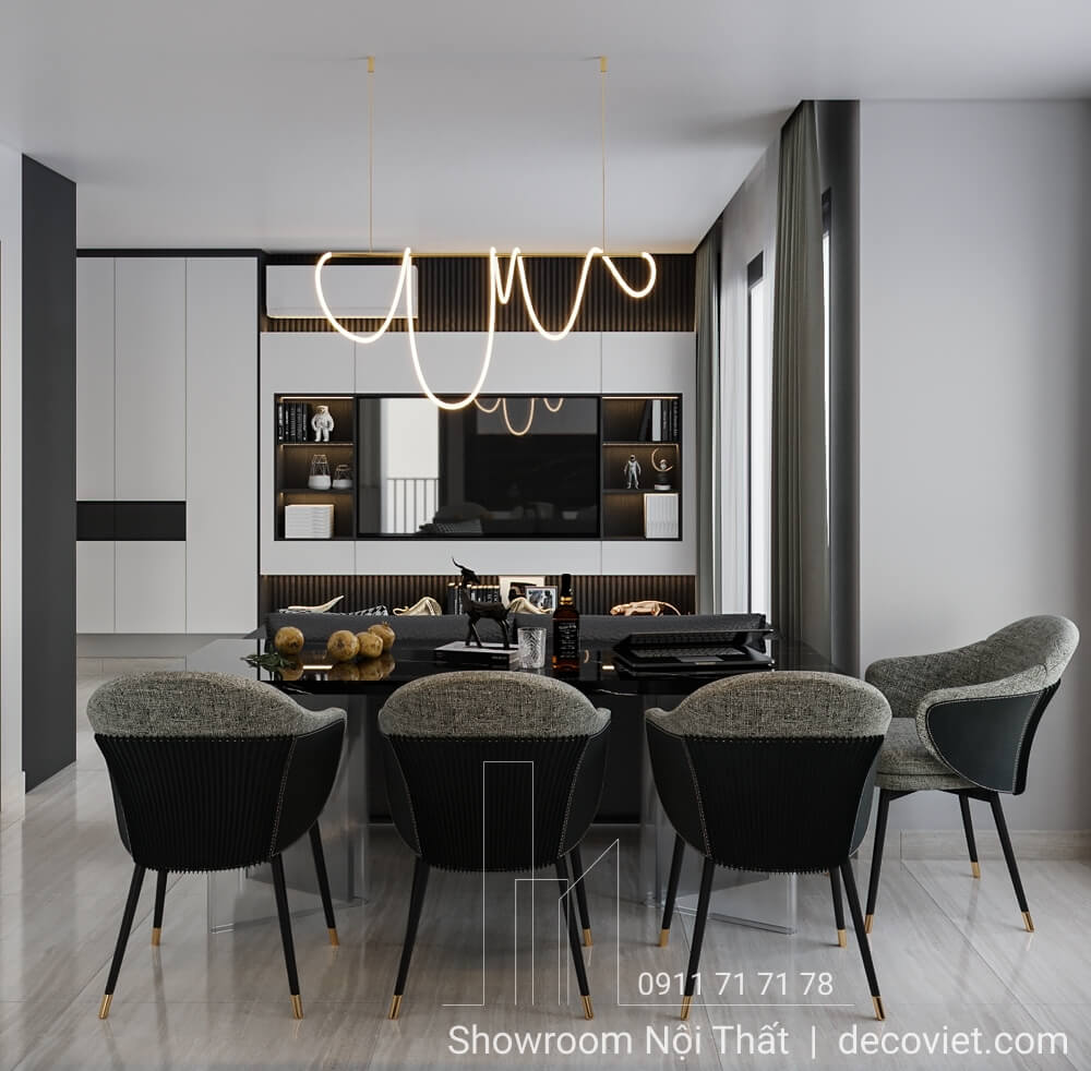 Không gian bàn ăn với ghế bọc nệm hiện đại căn hộ Vinhomes Grand Park.