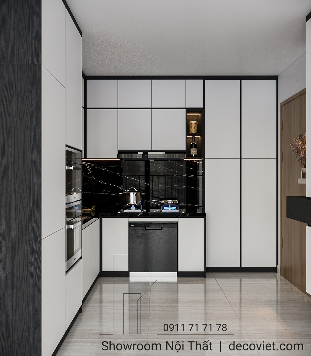 Tủ bếp chữ L hiện đại trong căn hộ Vinhomes Grand Park