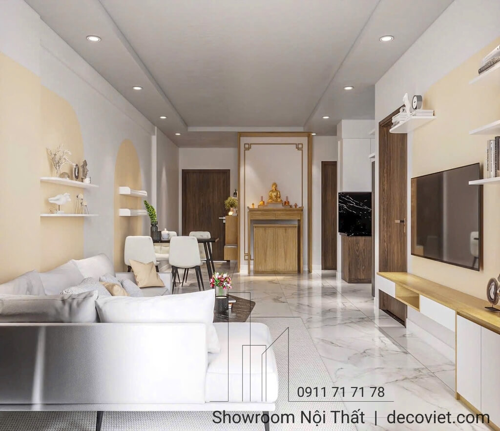 Thiết kế không gian mở phòng khách liền phòng ăn căn hộ Opal Boulevard 2PN.