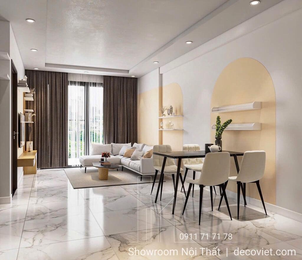 Bàn ăn 4 ghế hiện đại trong căn hộ Opal Boulevard 2 phòng ngủ.