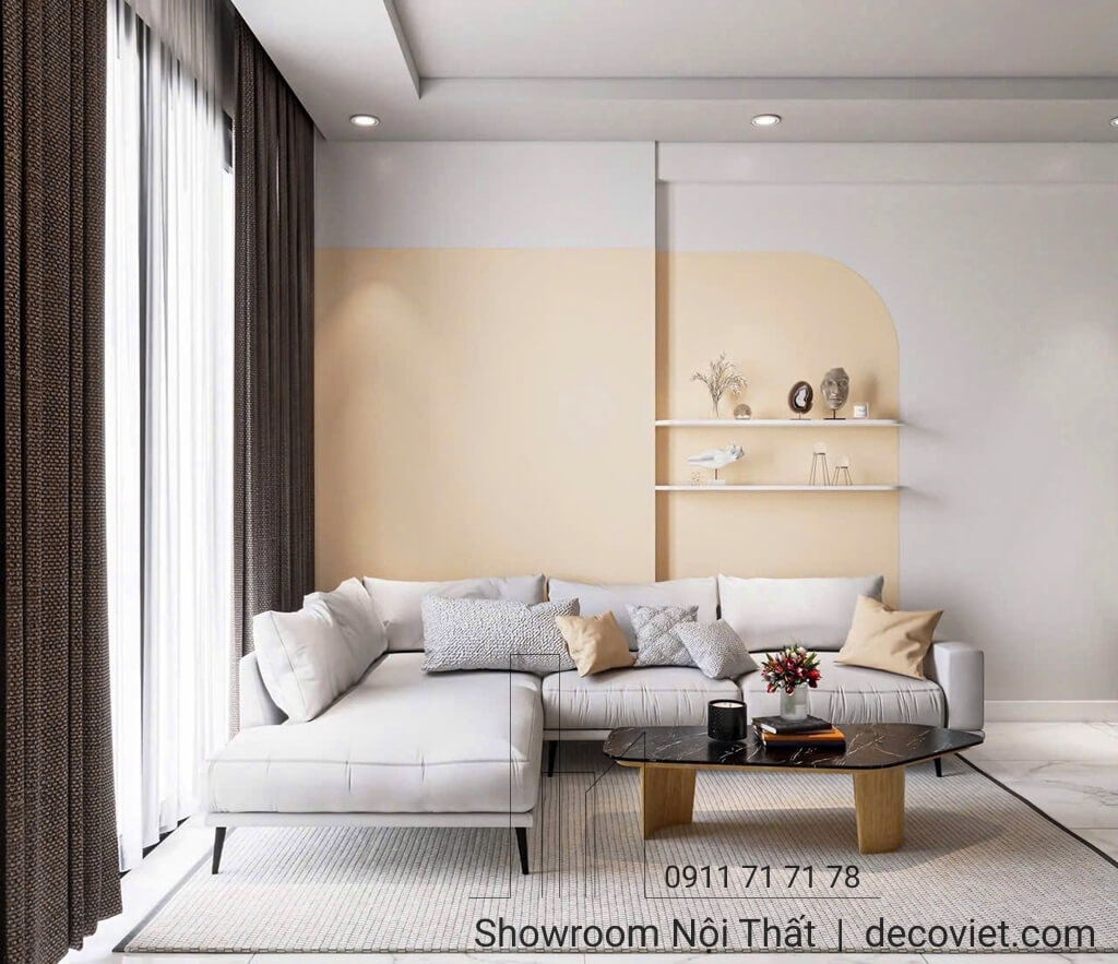 Thiết kế nội thất phòng khách căn hộ Opal Boulevard 2PN hiện đại với sofa chữ L và bàn trà đẹp