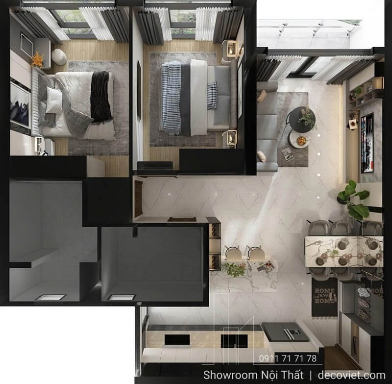 Mặt bằng thiết kế nội thất chung cư 2 phòng ngủ hiện đại