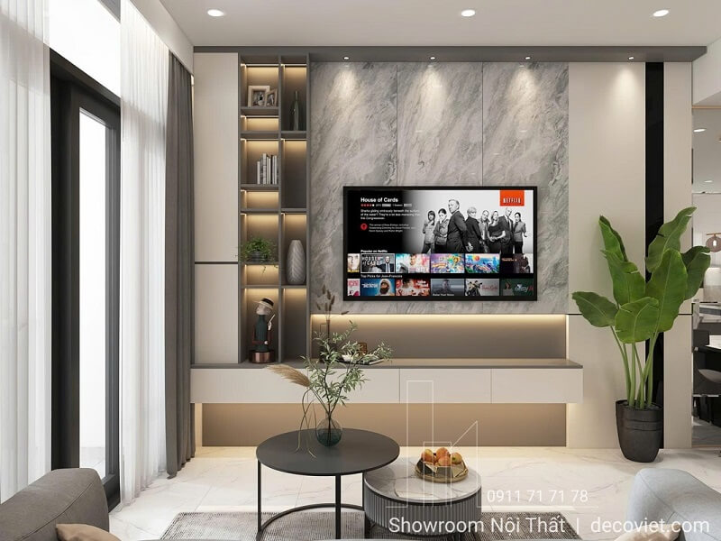 Thiết kế kệ tivi phòng khách chung cư 2 phòng ngủ
