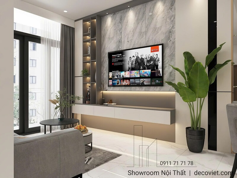 Thiết kế nội thất kệ tivi chung cư 2 phòng ngủ hiện đại