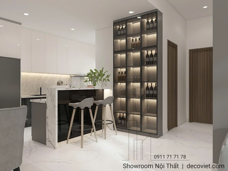 Thiết kế quầy bar mini và tủ rượu chung cư 2 phòng ngủ