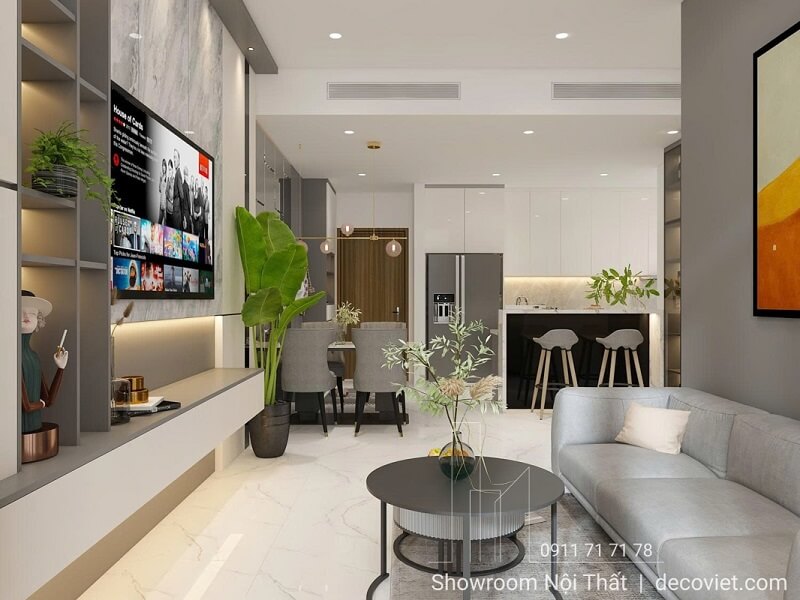 Thiết kế phòng khách và bếp chung cư 2 phòng ngủ hiện đại sang trọng