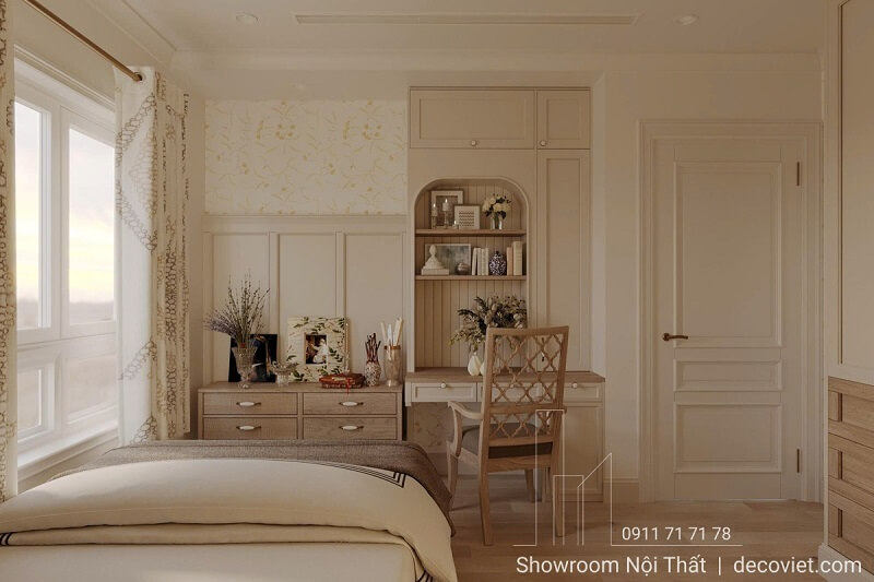 Phòng ngủ nhỏ ấm cúng với giường và tủ gỗ tại Sunrise Thủ Dầu Một