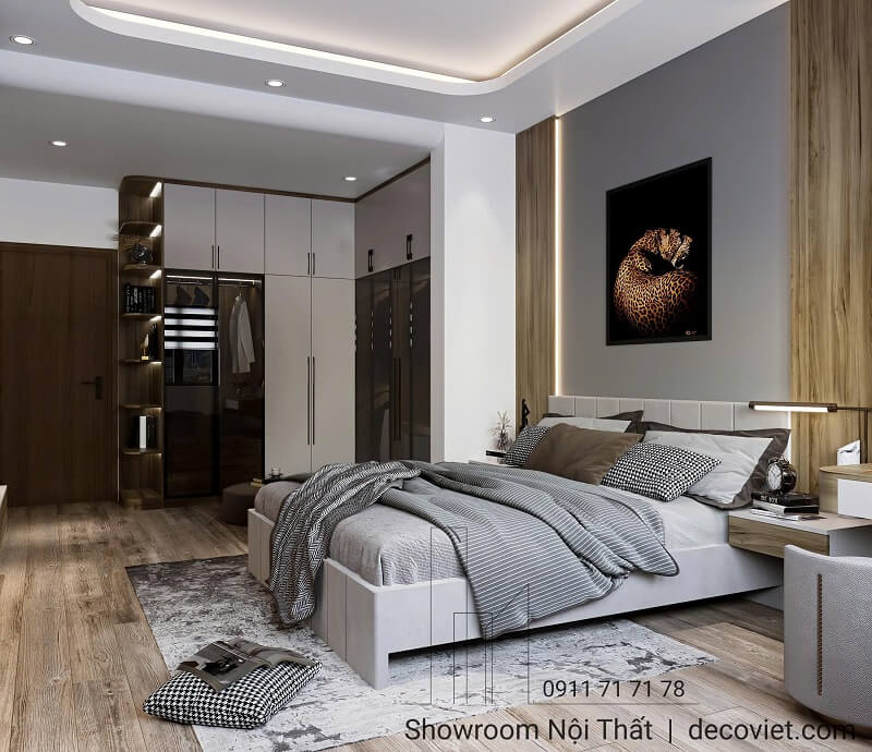 Thiết kế phòng ngủ master hiện đại với tủ áo âm tường và giường sang trọng