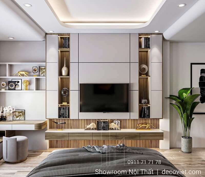 Phòng ngủ lớn đẹp hiện đại với kệ tivi và tủ trang trí âm tường
