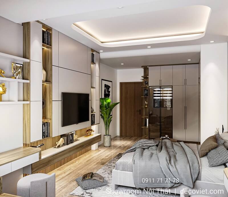 Thiết kế phòng ngủ master hiện đại sang trọng với trần thạch cao và tủ áo lớn