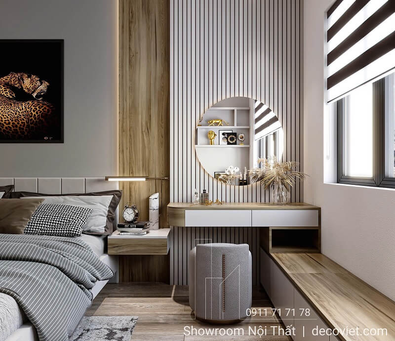 Thiết kế phòng ngủ master tinh tế với bàn trang điểm và gương tròn nghệ thuật