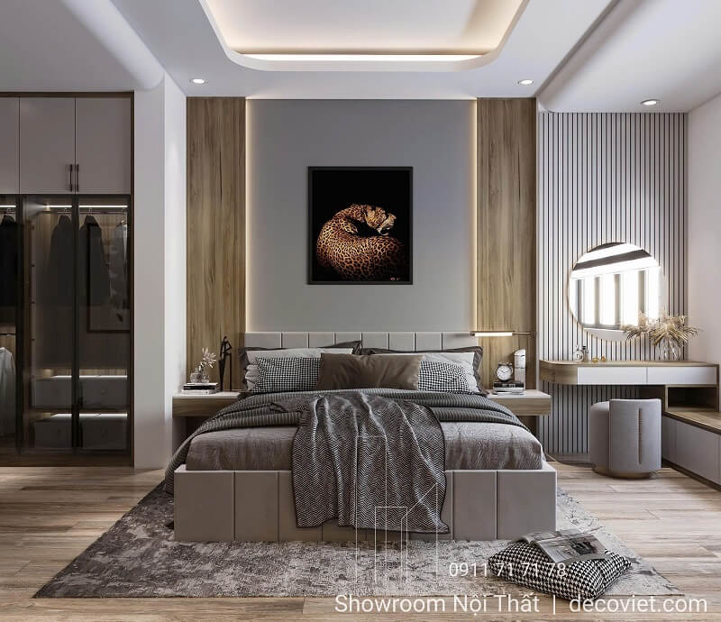 Thiết kế phòng ngủ master hiện đại tinh tế với giường lớn và tranh treo tường nghệ thuật